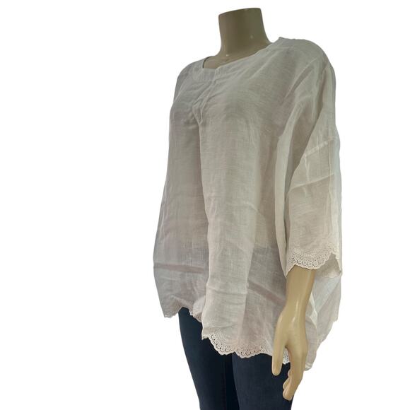 Eskandar Womens Linen Eyelet Trim Top One Size White Minimalist Lagenlook Boho - Picture 4 of 16